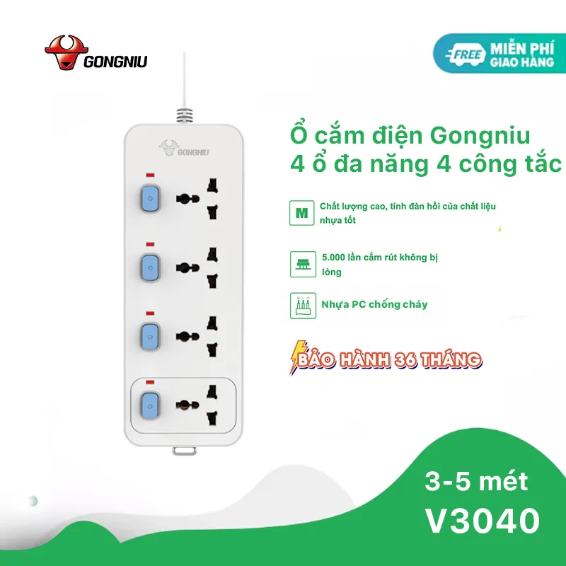 Ổ Cắm Điện Gongniu 4 Ổ Đa Năng 4 Công Tắc – Công Suất 10A/250/2500W – Trắng – Chính Hãng (N3040)