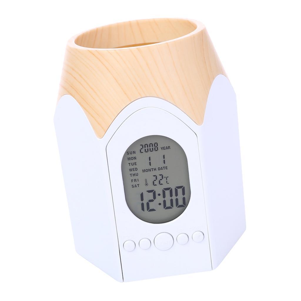 LCD Desktop Alarm Clock Calendar Pen Pencil Stationery Holder Container