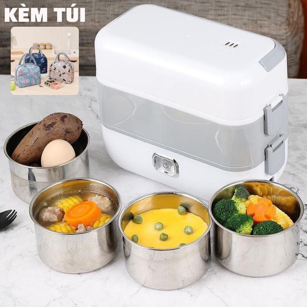 Hộp Cơm Cắm Điện 2 Tầng Cắm Điện Đa Năng, Hâm Nóng Và Tự Nấu Chín Thức Ăn Với 4 Hộp Inox Tiện Lợi