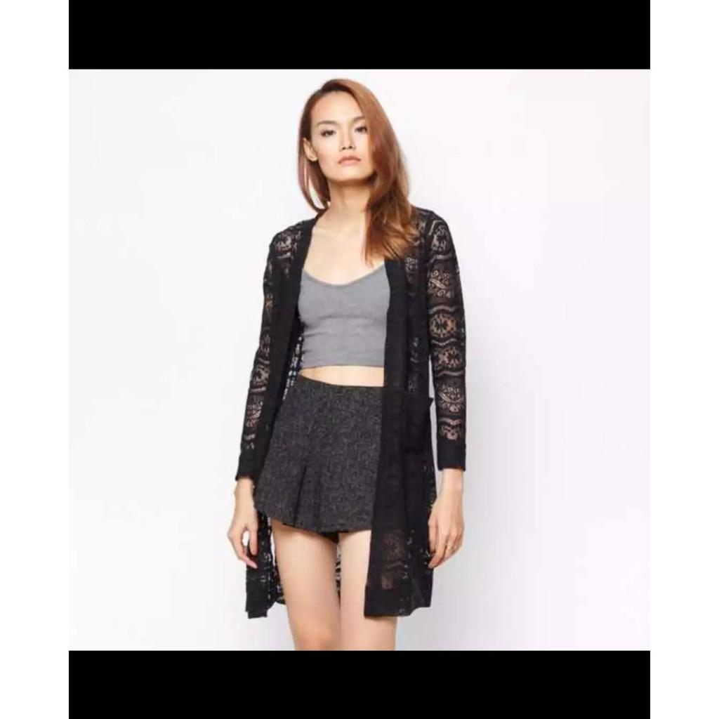 Aó khoác cardigan ren tay dài đen