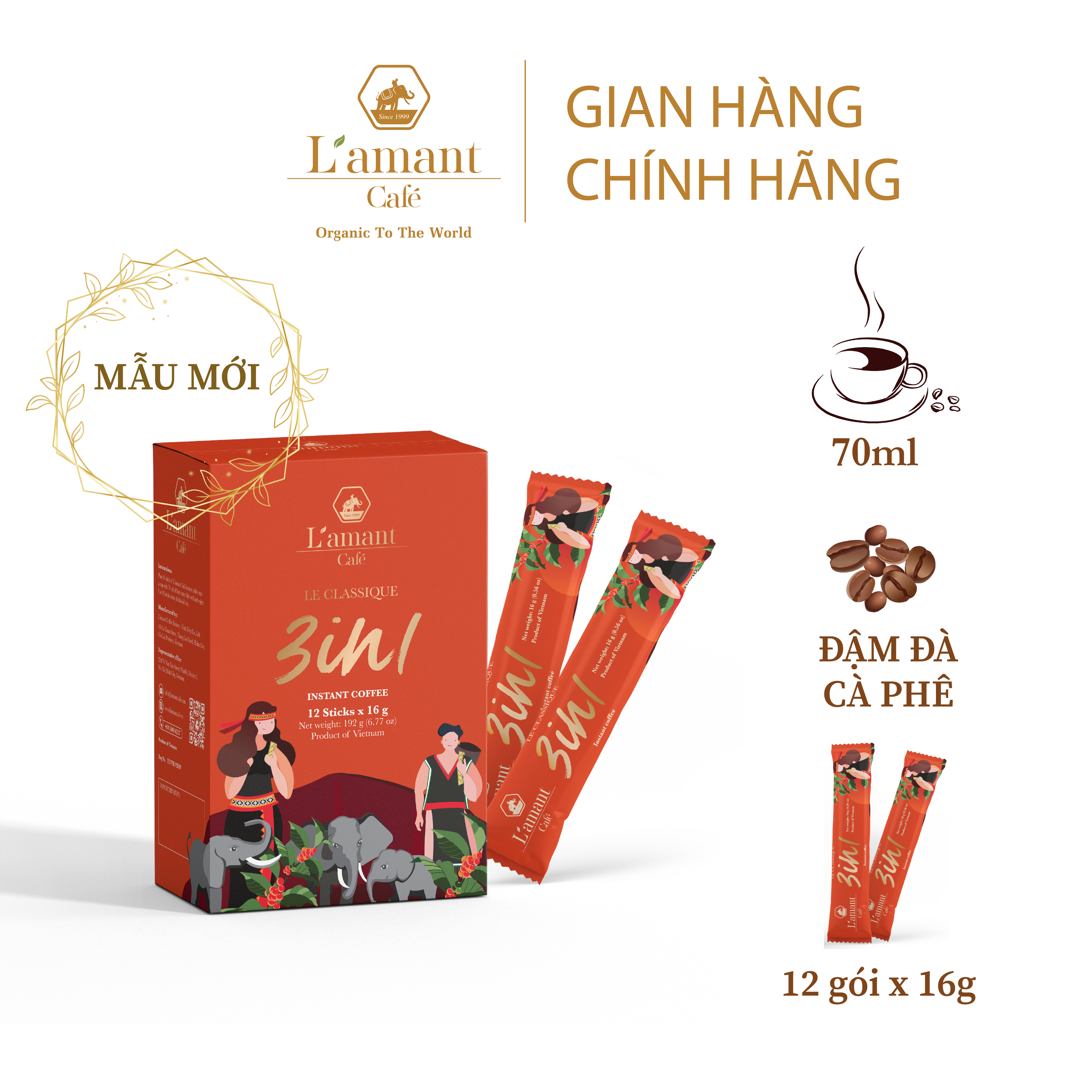 [Mẫu mới] Cà phê hòa tan L'amant 3in1 vị nguyên chất cà phê sữa thơm ngon (Hộp 12 gói x 16 gr)