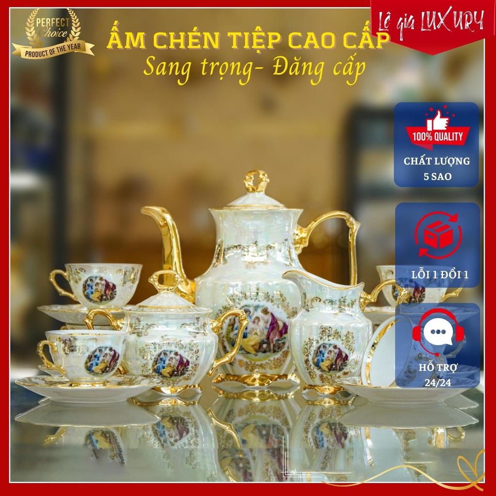 Bộ ấm chén uống trà sứ Tiệp cao cấp mạ vàng cao cấp phong cách TÂN CỔ ĐIỂN Sang trọng, Gốm Sứ Tiệp Khắc, Ấm chén cao cấp mạ vàng 24K ACTN1