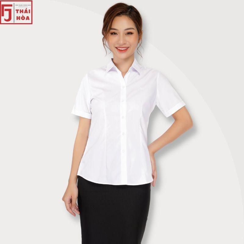 Áo sơ mi nữ tay ngắn Thái Hoà kiểu công sở đi học bigsize vải cotton màu trắng N047-01-01