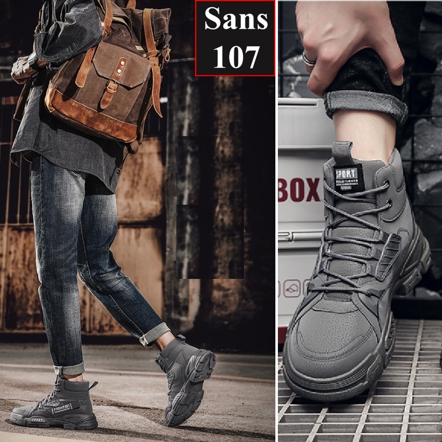 Boot nam cao cổ độn đế 6cm Sans107 boost đen bot xám be boots có dây buộc bốt lửng fullbox size 39 40 41 42 43 44