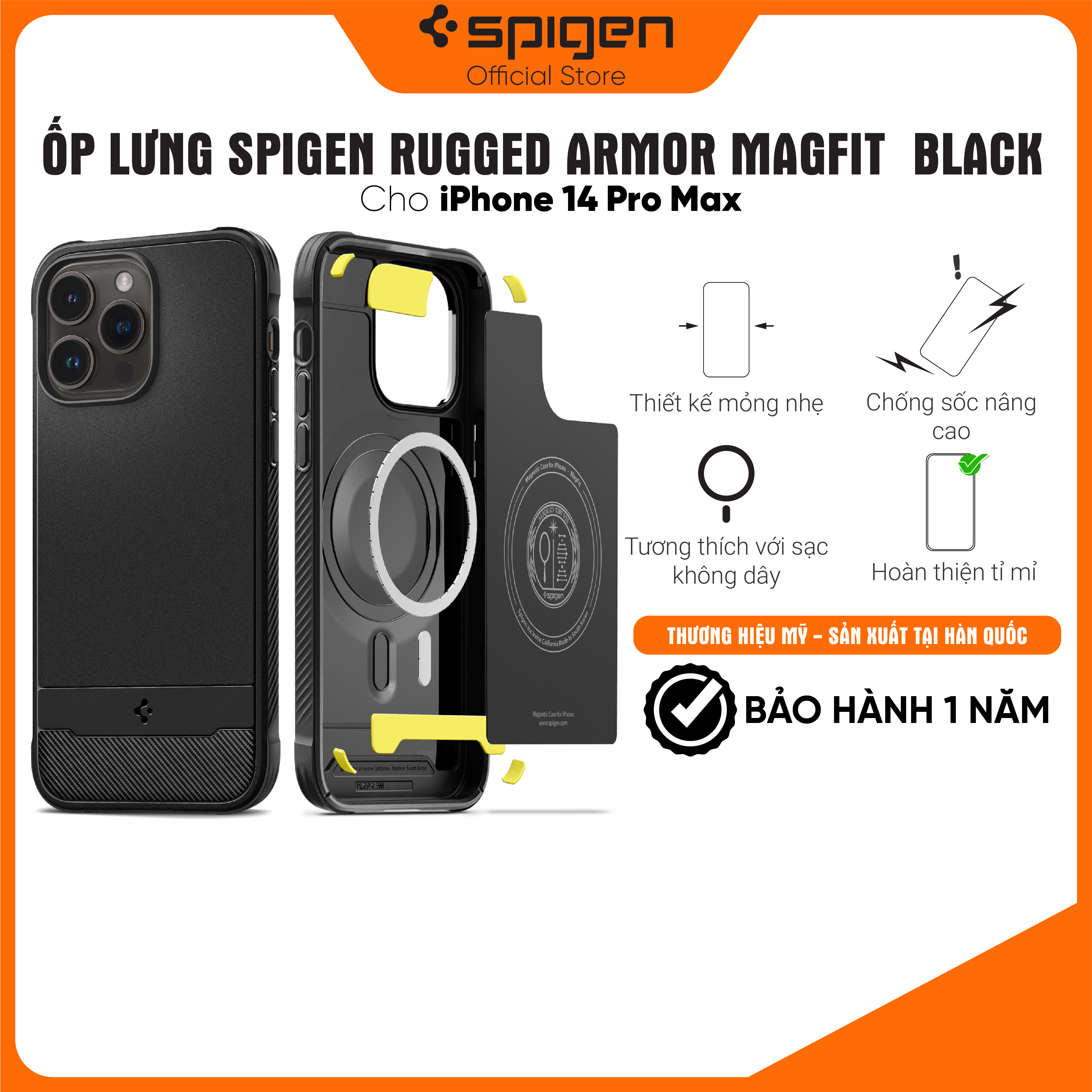 Ốp lưng Spigen Rugged Armor MagFit Black cho iPhone 14 Pro Max - Thiết kế mỏng nhẹ,hỗ trợ sạc không dây, chống sốc, bền bỉ, viền camera cao - Hàng chính hãng