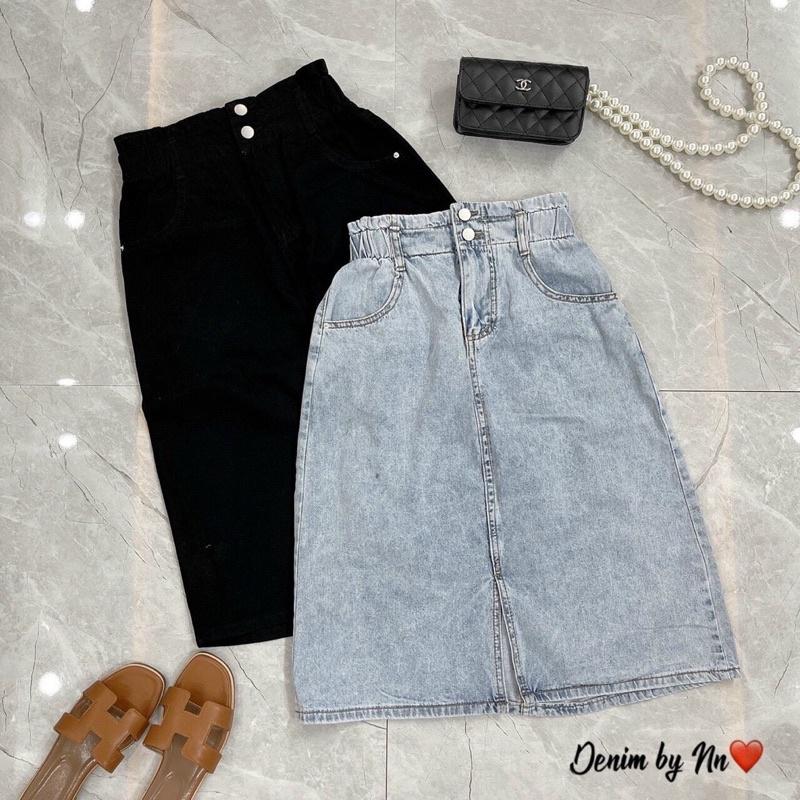 Chân váy jeans 2 cúc xẻ trước - cạp bo chun