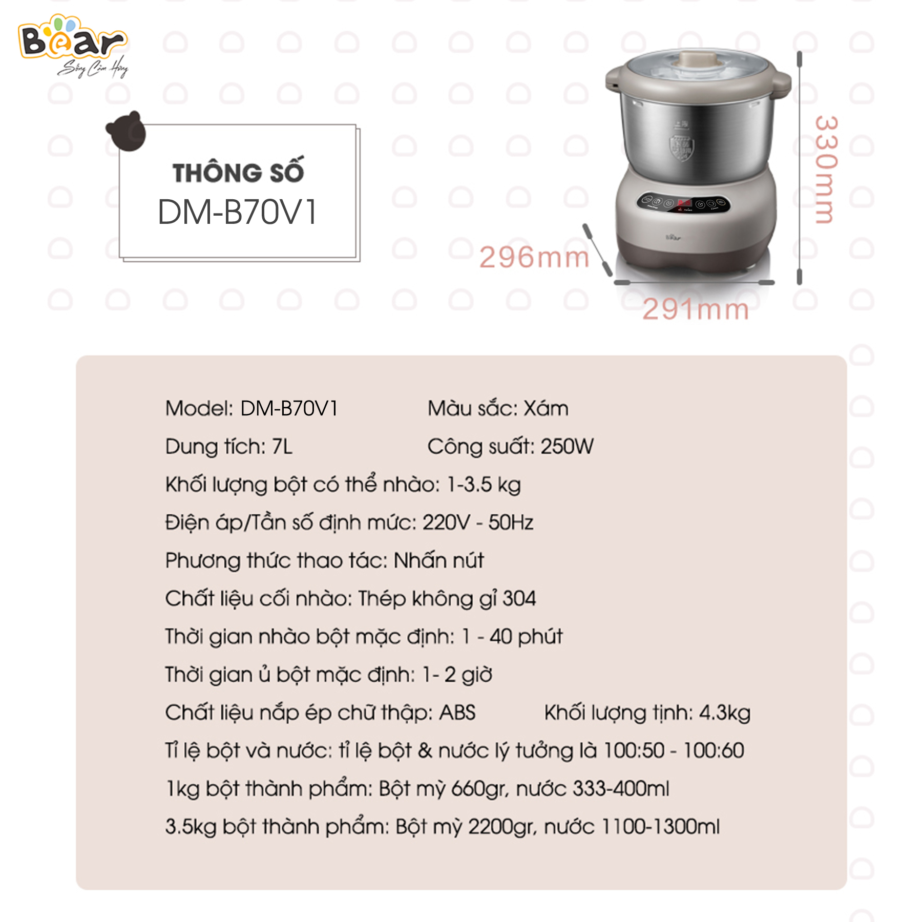 Máy Nhào Bột Bear 7L Đa Năng Ủ Bột, Trộn Bột, Nhồi Bột Nhanh Công Suất Lớn Bảo Hành Chính Hãng 18 Tháng - DM-B70V1 - Hàng Chính Hãng