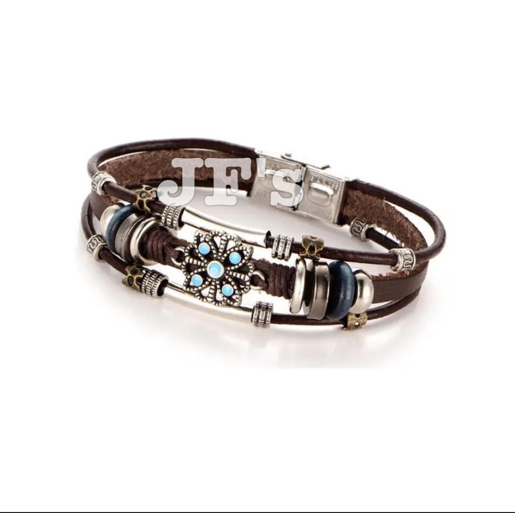 Vòng tay da khoá thép ko gỉ, vòng tay phong cách bohemian unisex