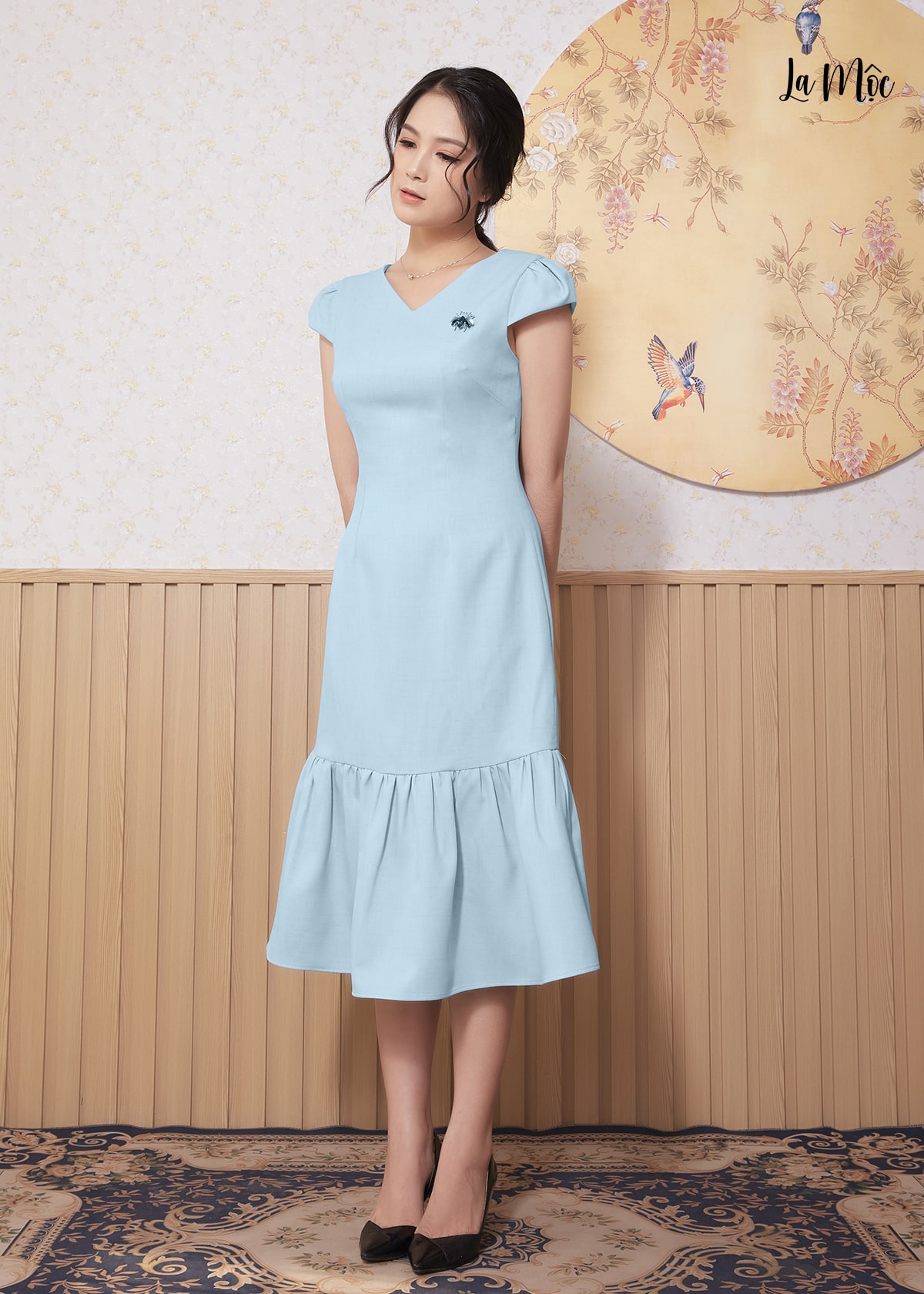 Đầm Đuôi Cá Lụa Crep Cổ Tim, Tùng Nhún Bèo Maxivic, La Mộc - LM012226