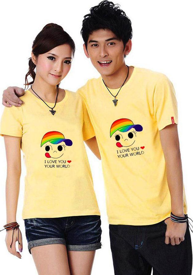 Bộ Áo Thun Đôi I Love You Your World Màu Vàng Nam Nữ