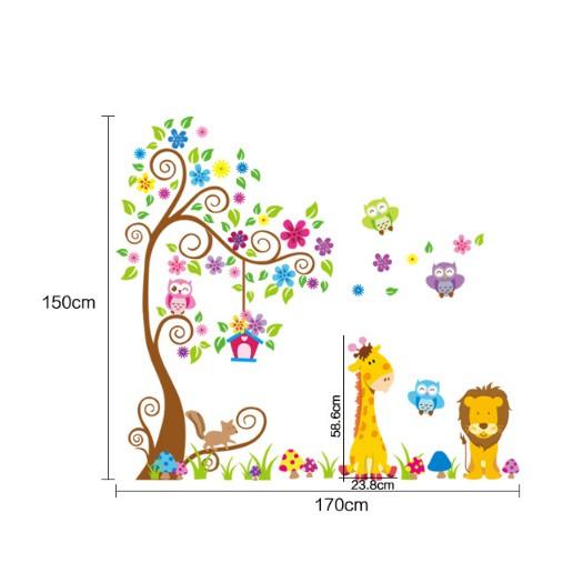 Decal trang trí tường - Cây hoa văn và thú sắc màu 03