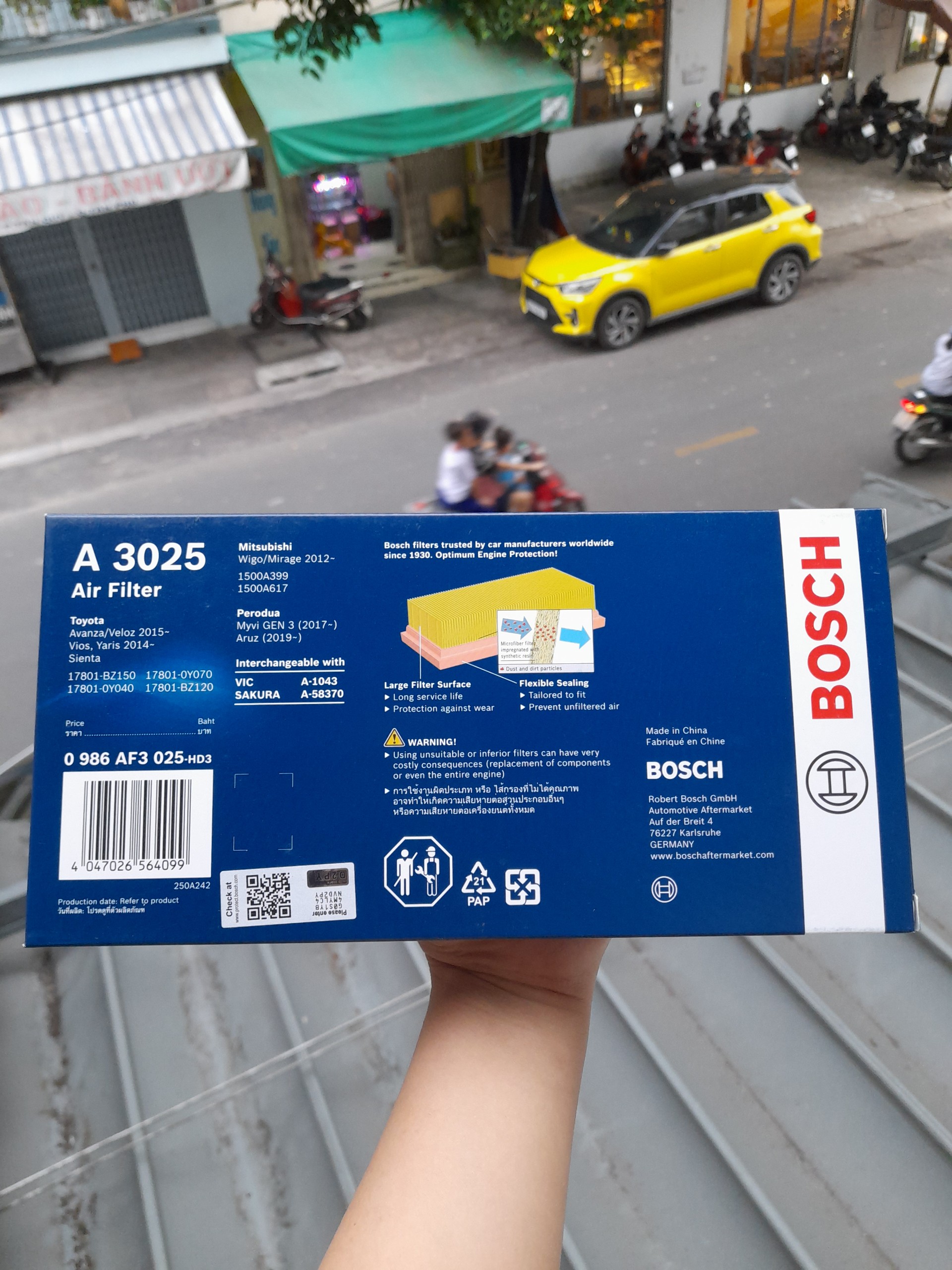 Lọc Gió Động Cơ BOSCH A3025 TOYOTA Vios P15 1.5i/1.3i ,Avanza 1.3/1.5 ...vv