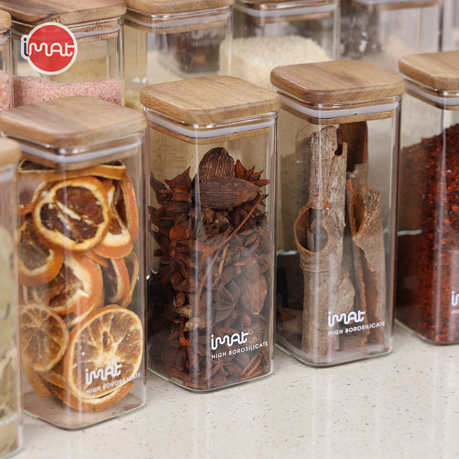 Bộ 4 Hũ Gia Vị Imat Thủy Tinh Nắp Gỗ Acacia ACA 400ml Sang Trọng Tiện Dụng