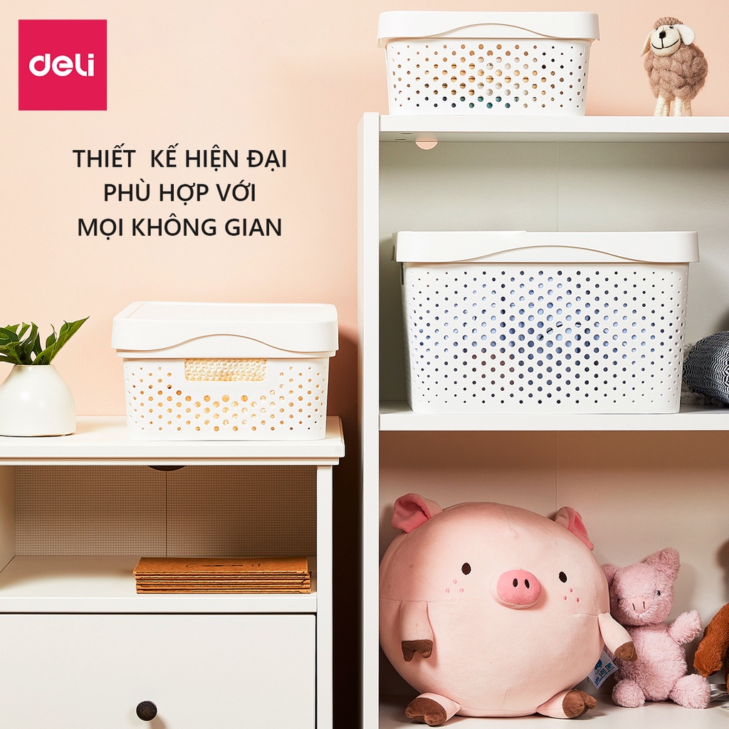 Giỏ nhựa đựng đồ đa năng có nắp đậy cao cấp Deli - Nhiều size, kích cỡ lớn nhỏ , có tay cầm, phong cách Nhật Bản đơn giản, tiện dụng, vật liệu an toàn - Đựng sách vở đồ cá nhân mỹ phẩm quần áo chăn gối ga mền