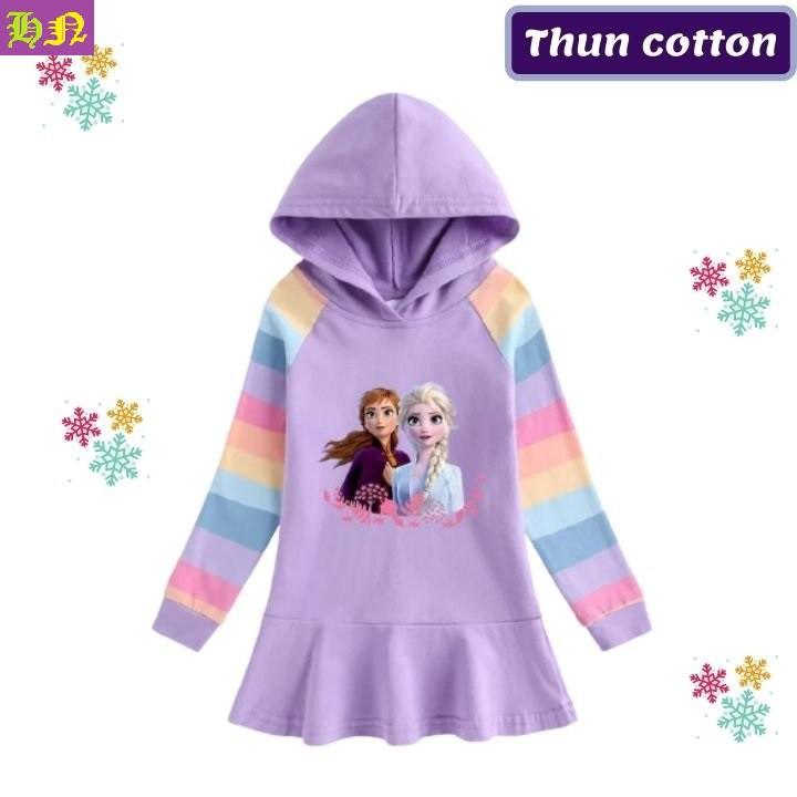 Đầm bé gái Elsa tay dài từ 10-42kg- đầm xòe có nón thun cotton thấm hút mồ hôi - Hương Nhiên