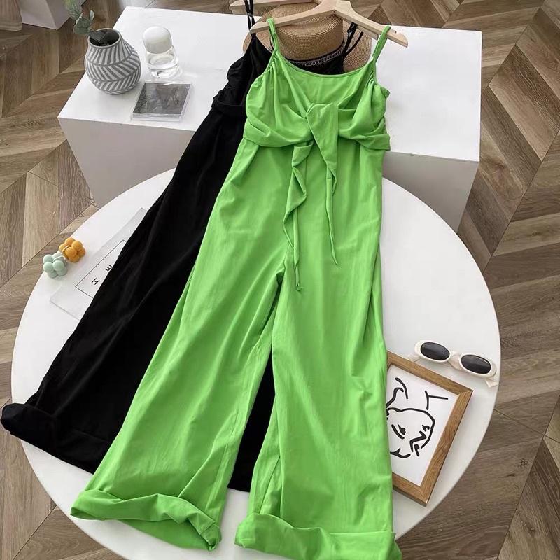 Jumpsuit thun dài màu xanh nơ ngực