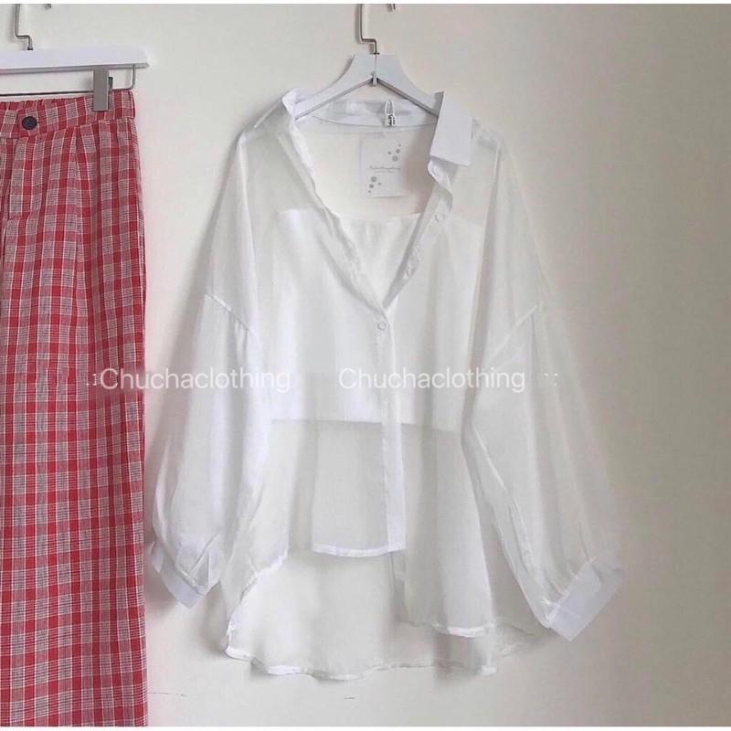 Free ship_Mua 1 tặng 1 Sơ mi voan mỏng xuyên thấu (kèm áo hai dây