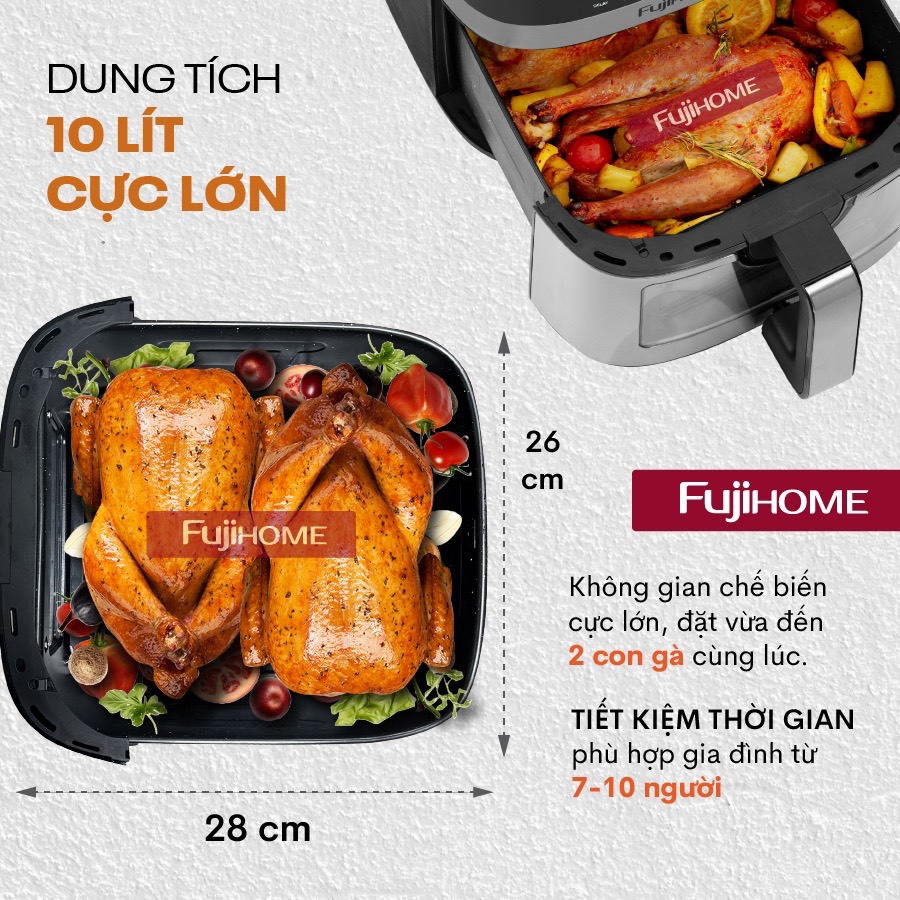 Nồi chiên không dầu 10L nhập khẩu Fujihome tự ngắt A10DG2, nồi chiên điện tử 10 Lít LCD cảm ứng 8 chế độ nấu,tặng kèm kẹp gắp - hàng chính hãng