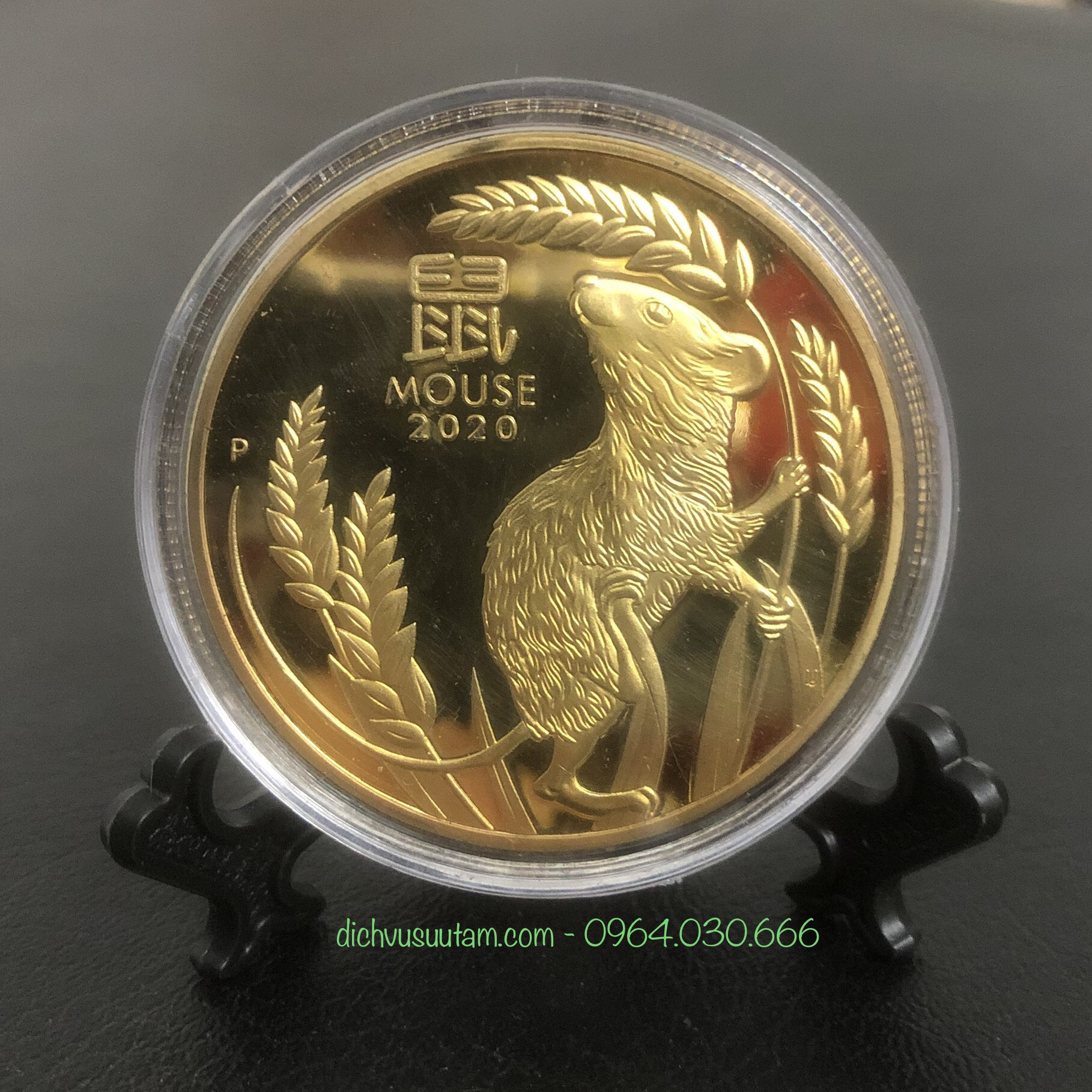 Đồng xu con Chuột vàng lưu niệm của Úc năm 2020, tặng kèm đế trưng bày xu
