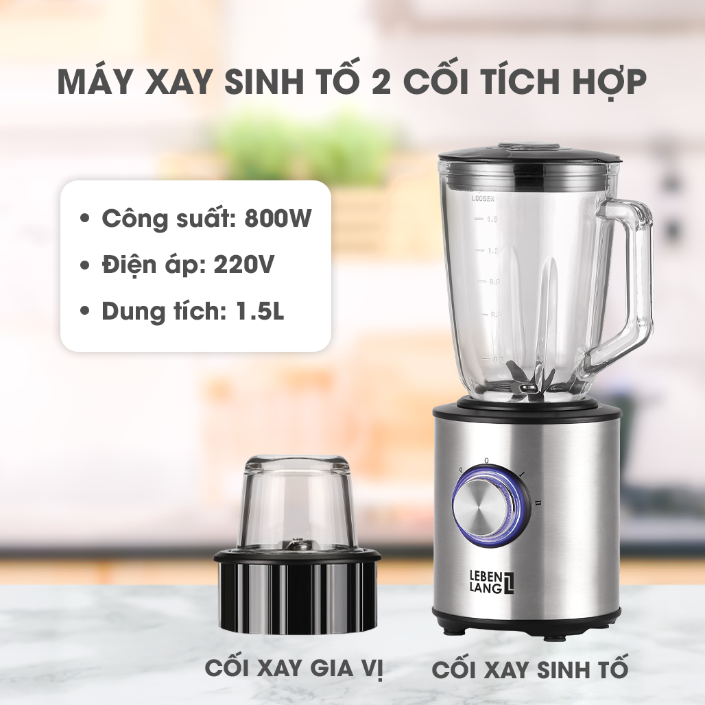 Máy xay sinh tố LEBENLANG gồm 2 cối xay tích hợp bình chứa dung tích 1,5l, công suất 800W, model LBMB6028 - hàng chính hãng