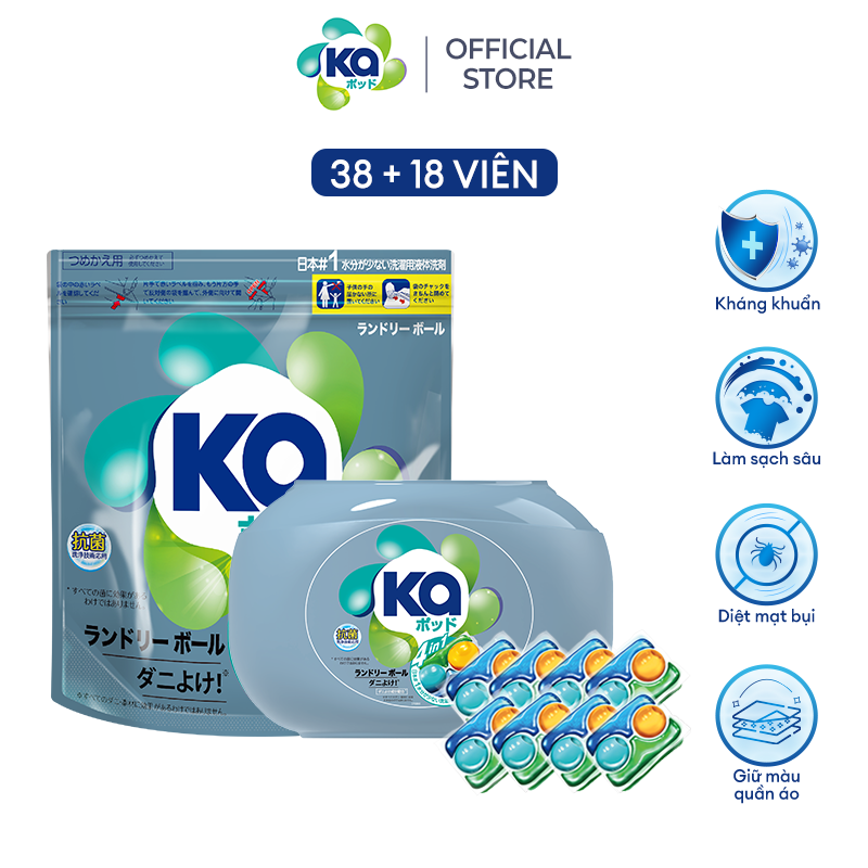 Combo 2 Viên Giặt Quần Áo loại bỏ mạt bụi KA pod Anti-dustmite 4trong1 diệt mạt bụi, làm sạch sâu, kháng khuẩn, giữ màu vải