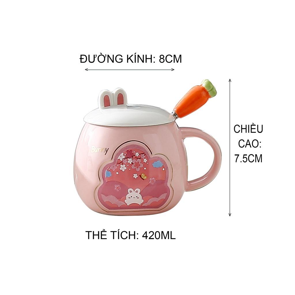 Cốc sứ có nắp, Sứ́, Quà lưu niệm, cute có nắp đậy, họa tiết bunny siêu đáng yêu 420ml
