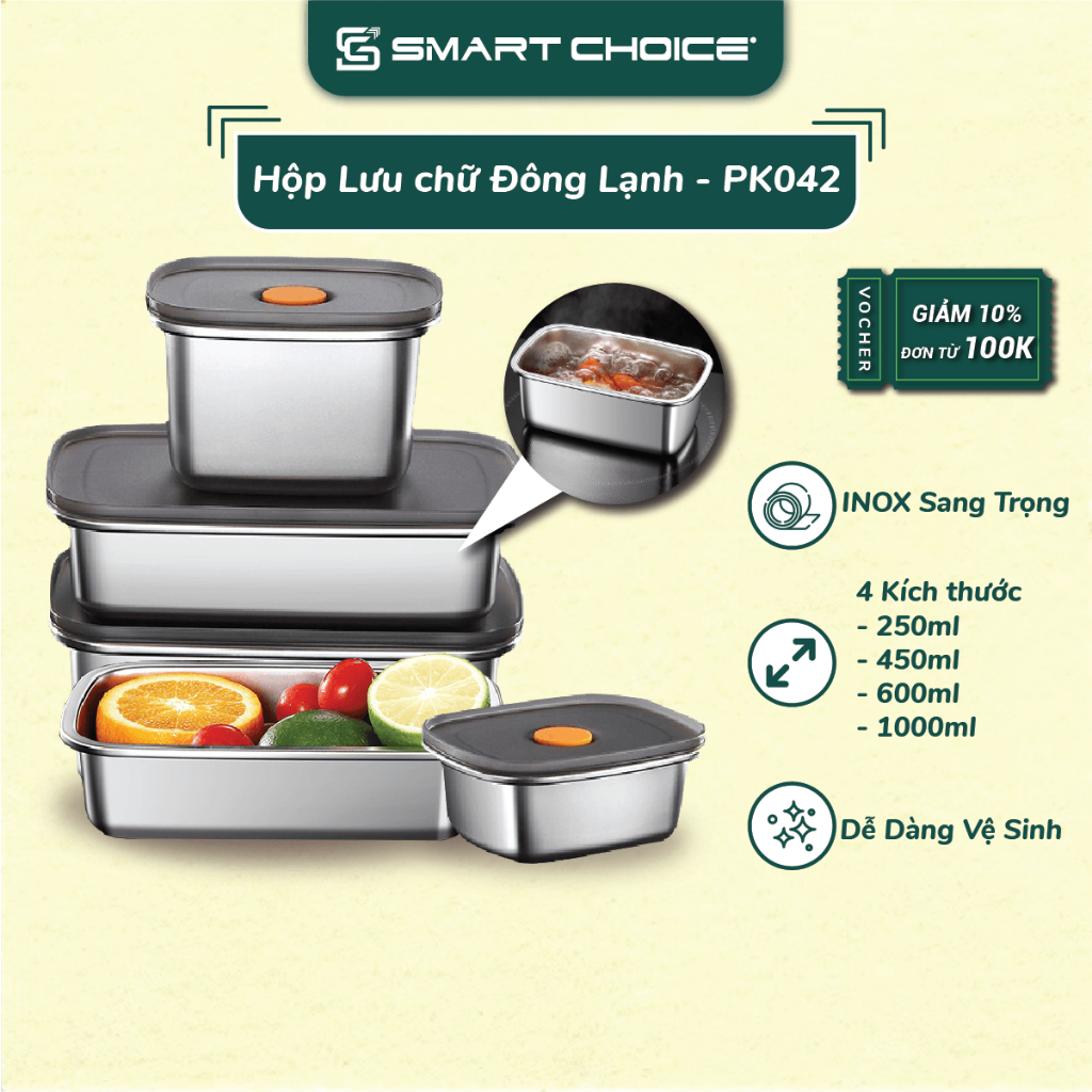 Hộp Lưu Trữ Đồ Đông Lạnh SMARTCHOICE Thép Không Gỉ 304 Đa Năng Cao Cấp Có Nắp Đậy Kín SCG-PK048