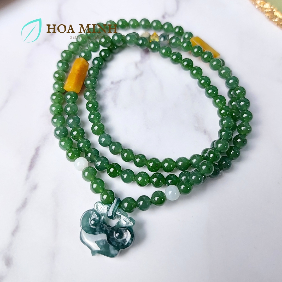 Vòng chuỗi 108 hạt Ngọc Bích Nephrite size 5 li phối Charm Khoá Trường Mệnh Lam Ngọc phong thủy bình an, tài lộc