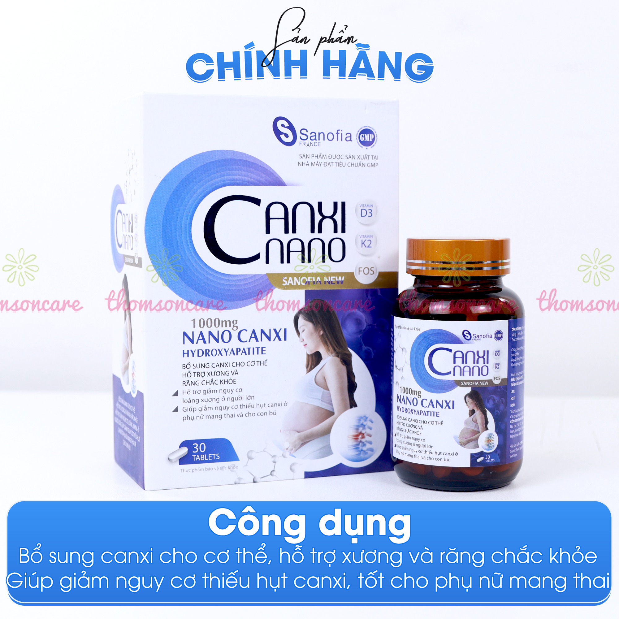 Canxi cho bà bầu, Canxi Nano Sanofia New - giúp giảm nguy cơ thiếu hụt canxi, tốt cho xương và răng - Lọ 30 viên - Thomsoncare