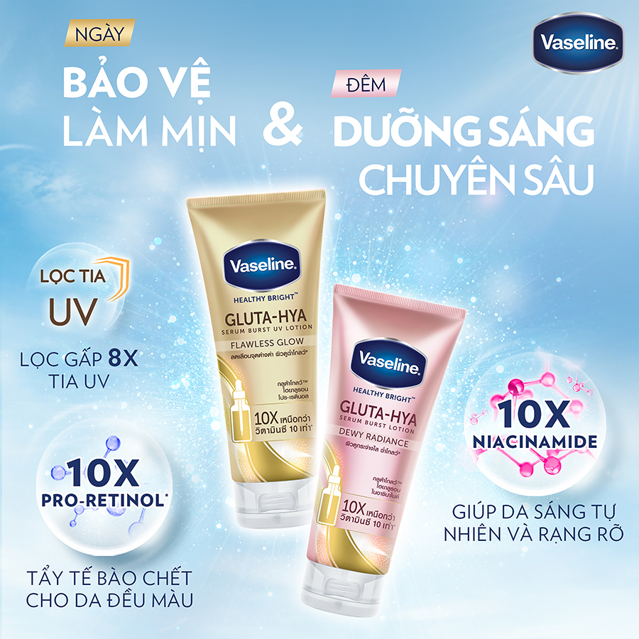 Combo 2 Sữa dưỡng thể Vaseline Gluta-Hya Dưỡng Da Sáng Mịn Sau 7 Ngày Dưỡng sáng chuyên sâu 330 ML