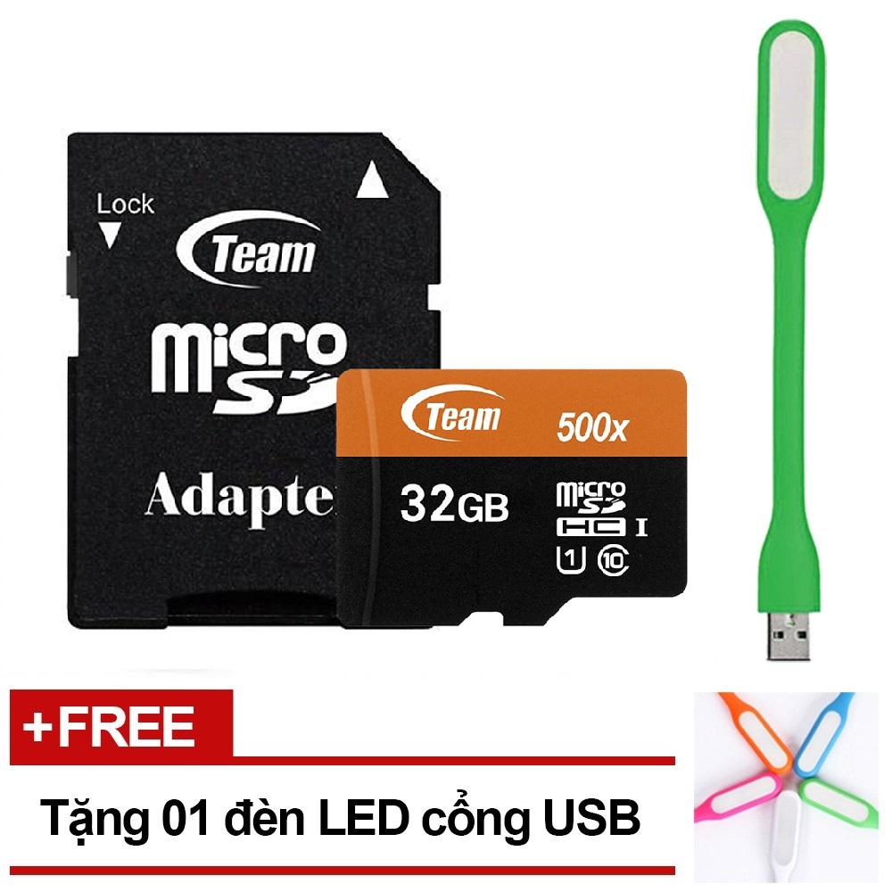 Thẻ Nhớ 32GB Micro SDHC Team 500x Class 10 U1-80MB/s (Đen Cam) - Hàng Chính Hãng + Tặng Đèn Led