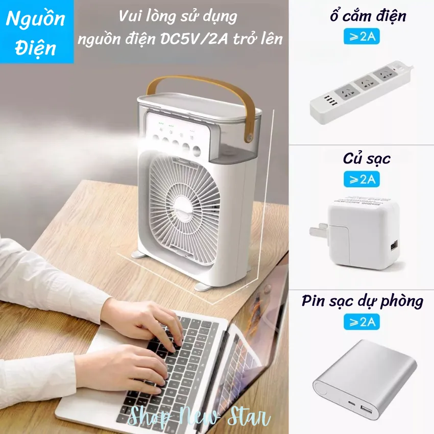 Quạt Điều Hòa Không Khí Mini Phun sương Tránh Nóng Mùa Hè, Có đèn Led 7 màu, 3 chế độ hẹn giờ thông minh, Khay chứa nước lơn 600ml 