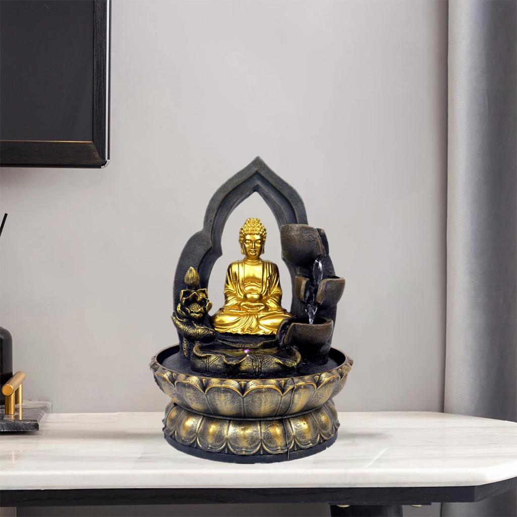 Tabletop Fountain LED Lights Water Waterfall Resin Buddha Statue Sculpture