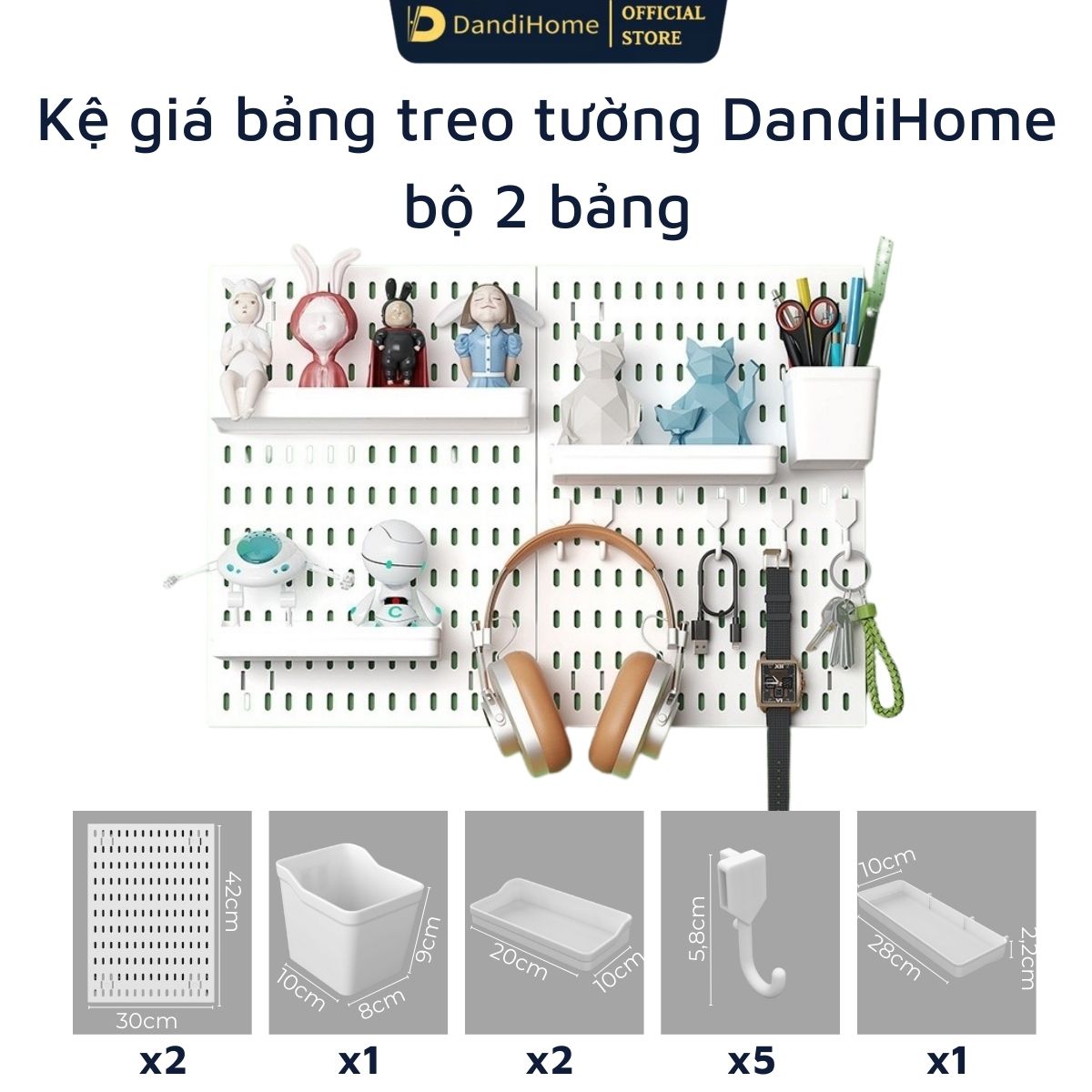 Kệ giá bảng treo tường DandiHome trang trí pegboard để đồ decor bàn học, phòng bếp, nhà tắm, đã kèm đầy đủ phụ kiện, có thể dán kính không cần khoan đục