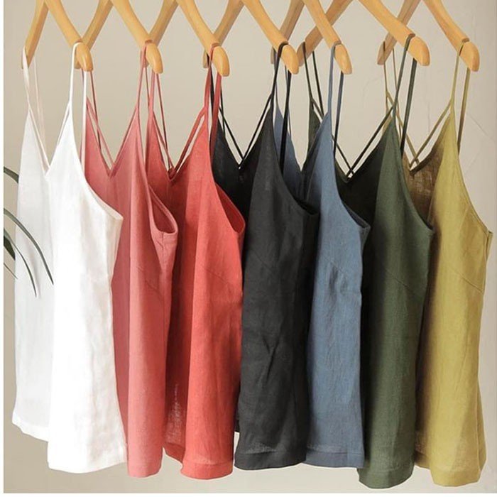 Áo 2 dây Linen tưng gân cổ tim dây đan chéo, chất vải Linen gân mềm mát thích hợp mùa hè
