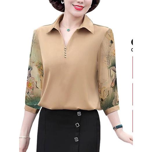 Áo Sơ Mi Kiểu Trung Niên Trẻ Trung Tay Lỡ Kèm Họa Tiết Có size lớn, Ao Trung Niên Thời Trang CHo MẸ