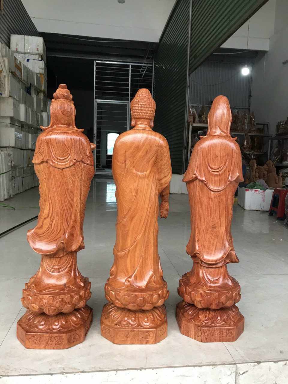 Tượng phật tây phương tam thánh bằng gỗ hương đá liền khối kt cao 60×20×20cm