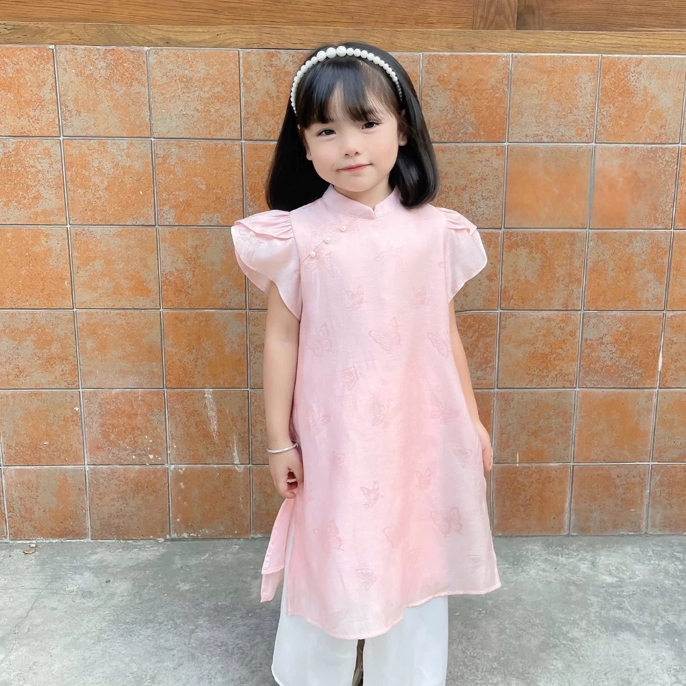 Set Bộ Quần Áo Dài Họa Tiết Hồ Điệp Tay Ngắn Phồng Cho Bé Gái 1-8 Tuổi Dành Cho Bé Gái