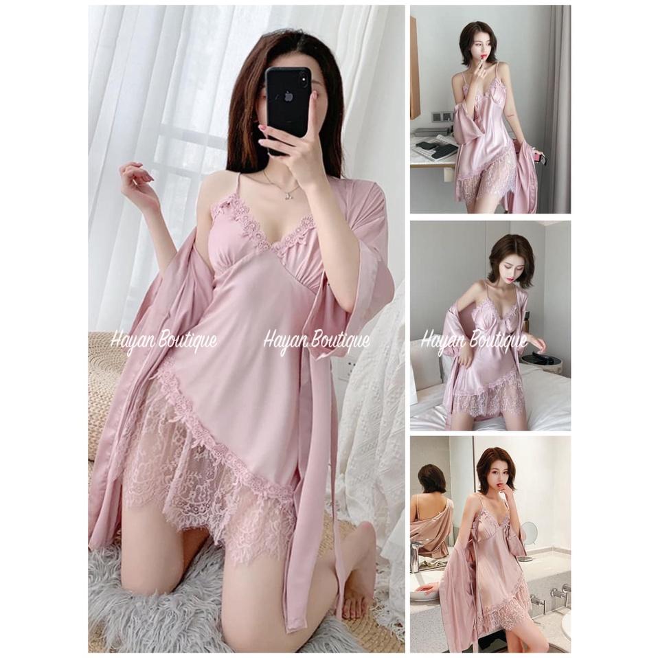 Set váy ngủ và áo choàng sexy ren chân viền hoa gợi cảm cao cấp KÈM MÚT NGỰC #HT129