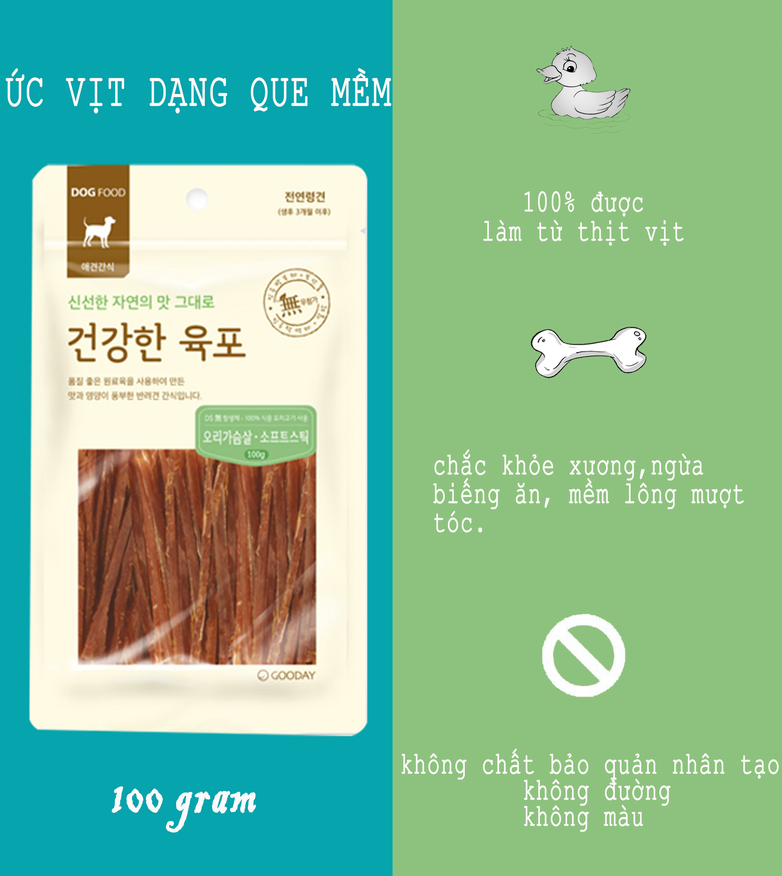 BÁNH THƯỞNG CHO CHÓ - Ức vịt sấy dạng que mềm -  Healthy jerky duck soft stick - Made in Korea - 100g