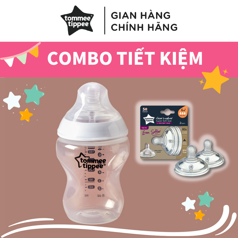 COMBO Bình sữa ty siêu mềm tự nhiên Tommee Tippee Closer to Nature 260ml &amp; Núm ty silicon thay thế 6M+