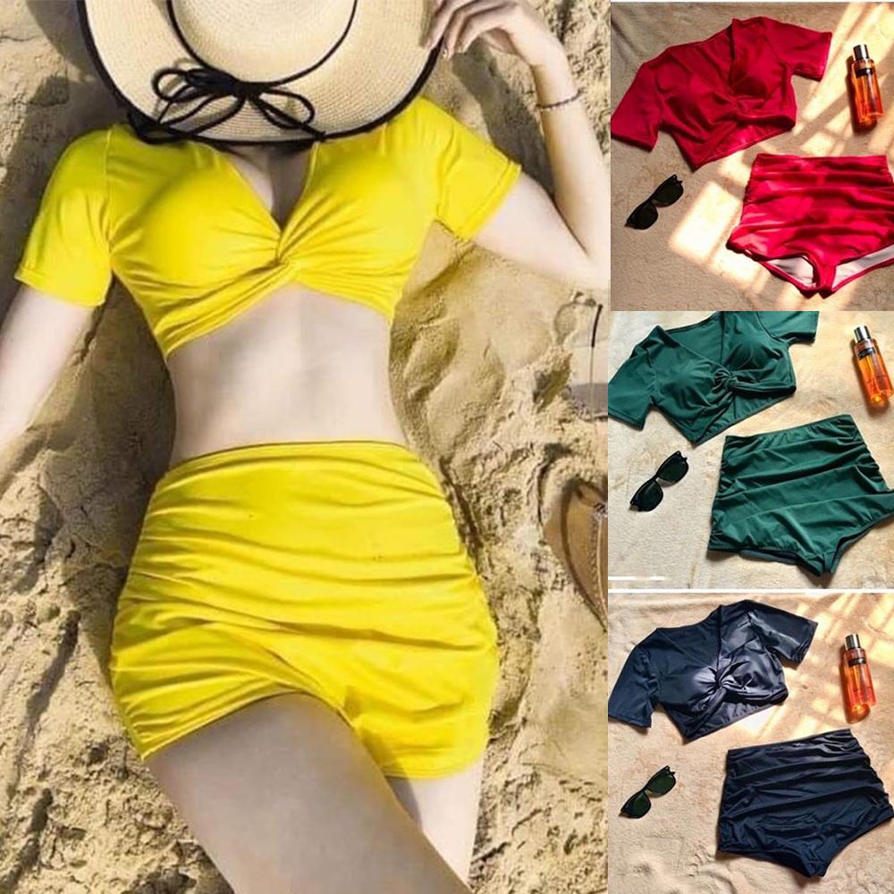 Bikini 2 mảnh cạp cao xoắn ngực tay ngắn tôn dáng gợi cảm sang chảnh đồ bơi nữ đi biển thun lạnh co dãn 4 chiều QP001