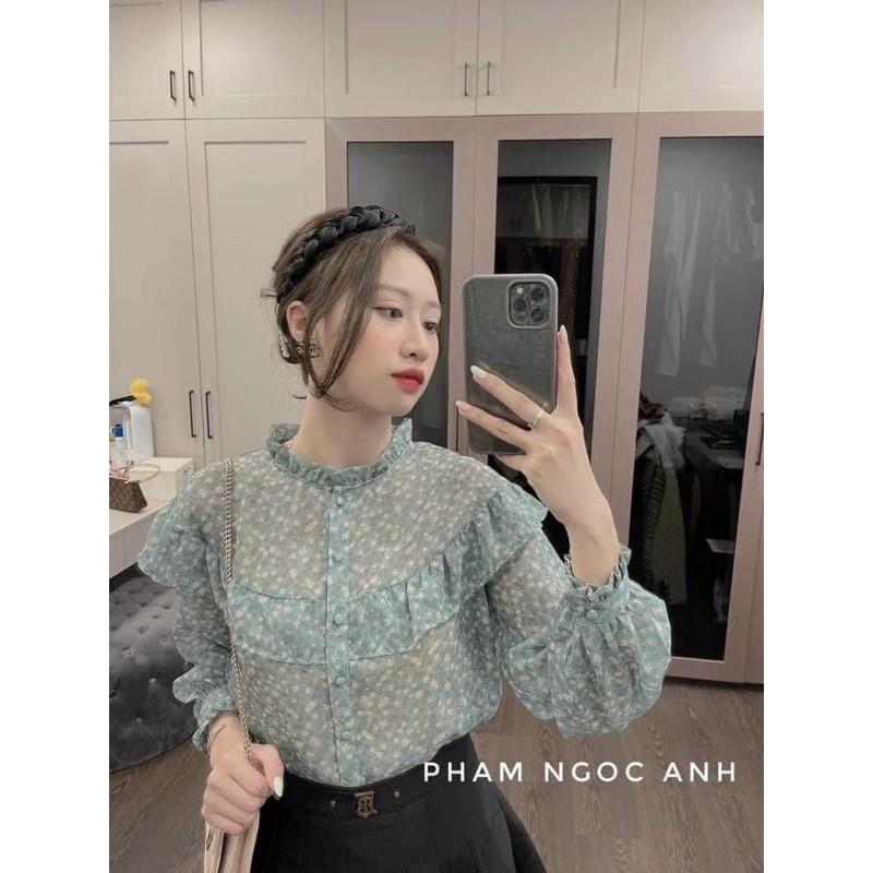 Sơ mi xanh hoa nhí cúc bọc siêu hót