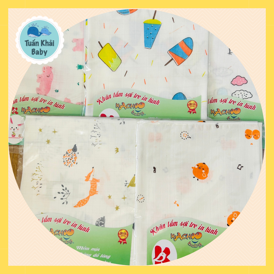 Túi 1 cái Khăn Tắm Sợi Tre 2 Lớp cao cấp Kachoo Baby in hình - Kích thước 80x80 cm