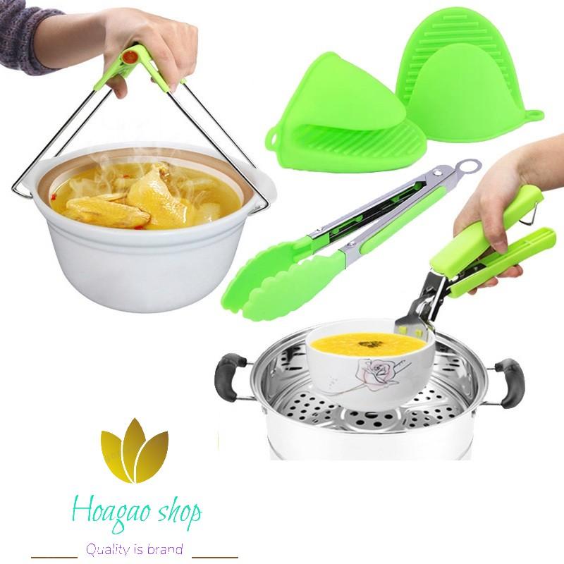 Combo 4 loại kẹp chén dĩa nóng, găng tay nhấc nồi, kẹp gắp thức ăn tiện dụng