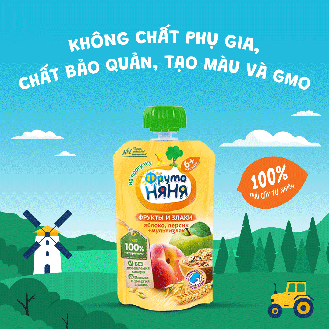 Combo 6 Gói Trái cây nghiền vị táo, đào và ngũ cốc Fruto Nyanya 130g