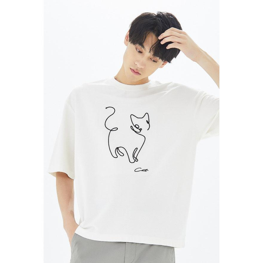 Áo Thun Nam Tay Lỡ Unisex cổ Tròn chất liệu vải cotton màu trắng form rộng in chữ CAT PENCIL phong cách độc chất Trumunisex