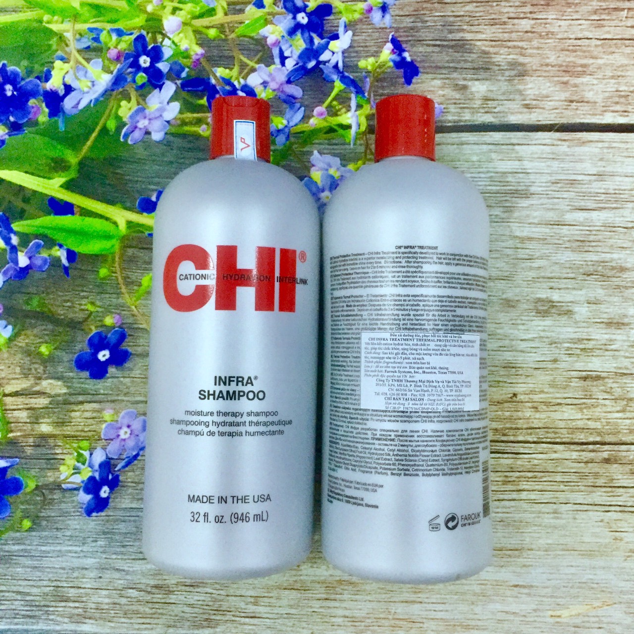 [+Tặng mũ trùm] Cặp dầu gội xả CHI Infra shampoo &amp; treatment siêu mượt cho tóc khô hư tổn (xám) Mỹ 946ml