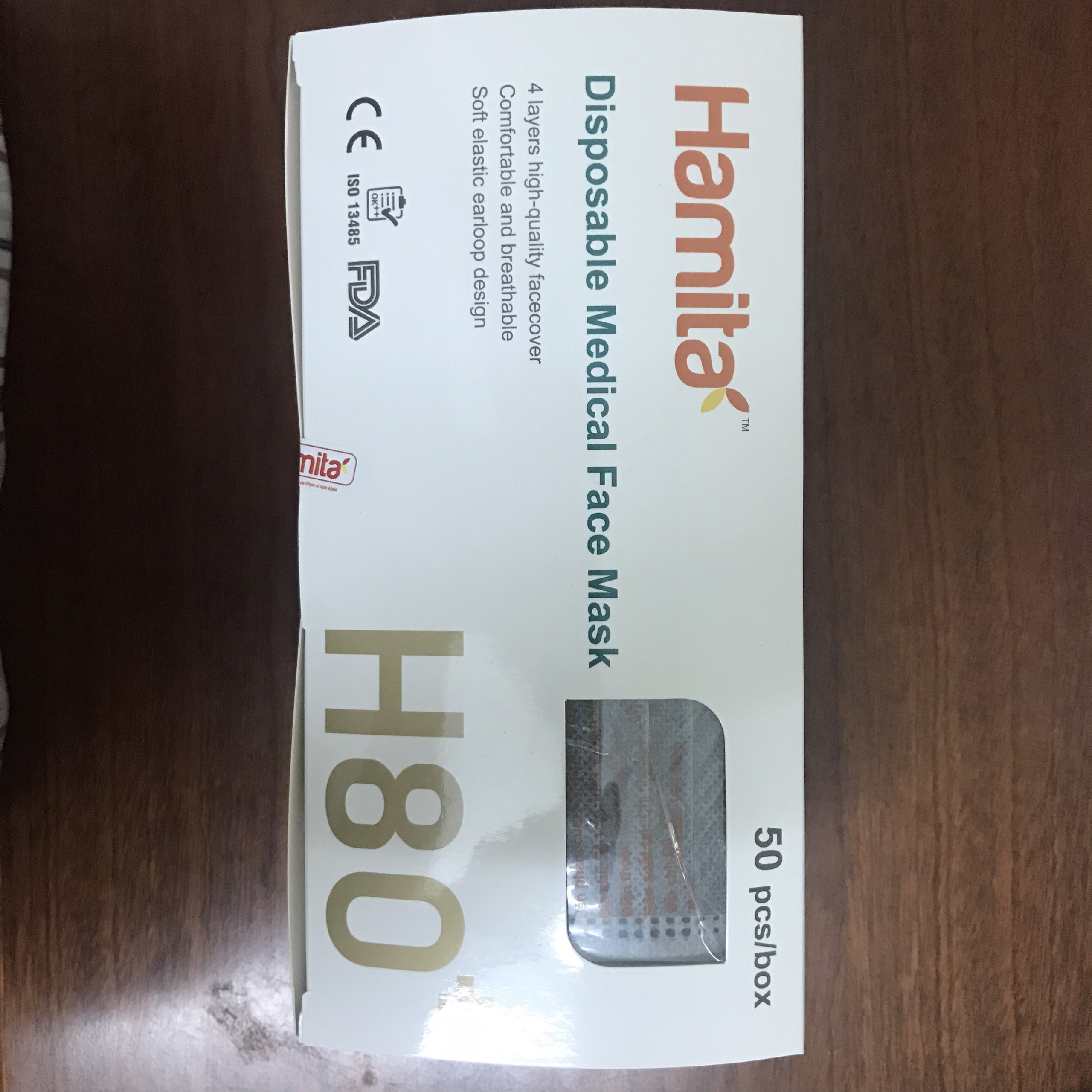 Khẩu trang y tế than hoạt tính Hamita 4 lớp (Hộp 50 cái) Hàng xuất khẩu Model H80+ _ ISO13485, CE, FDA - Mẫu mới, sử dụng thanh nẹp mũi băng kẽm giúp cố định mũi tốt hơn