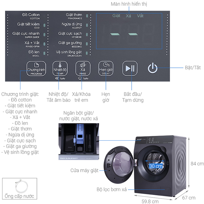 Máy giặt Sharp Inverter 10.5 Kg ES-FK1054SV-G - Chỉ giao Hà Nội